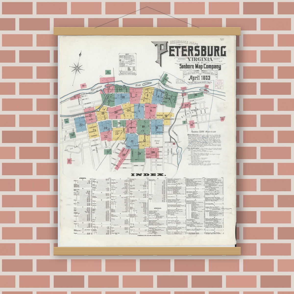 Old map wall art mockup — magnetic wood frame on brick wall — Sanborn Fire Insurance Map from Petersburg, Independent Cities, Virginia (1903), Sheet #0001