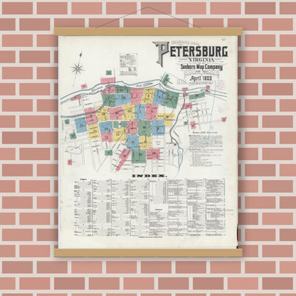 Old map wall art mockup — magnetic wood frame on brick wall — Sanborn Fire Insurance Map from Petersburg, Independent Cities, Virginia (1903), Sheet #0001