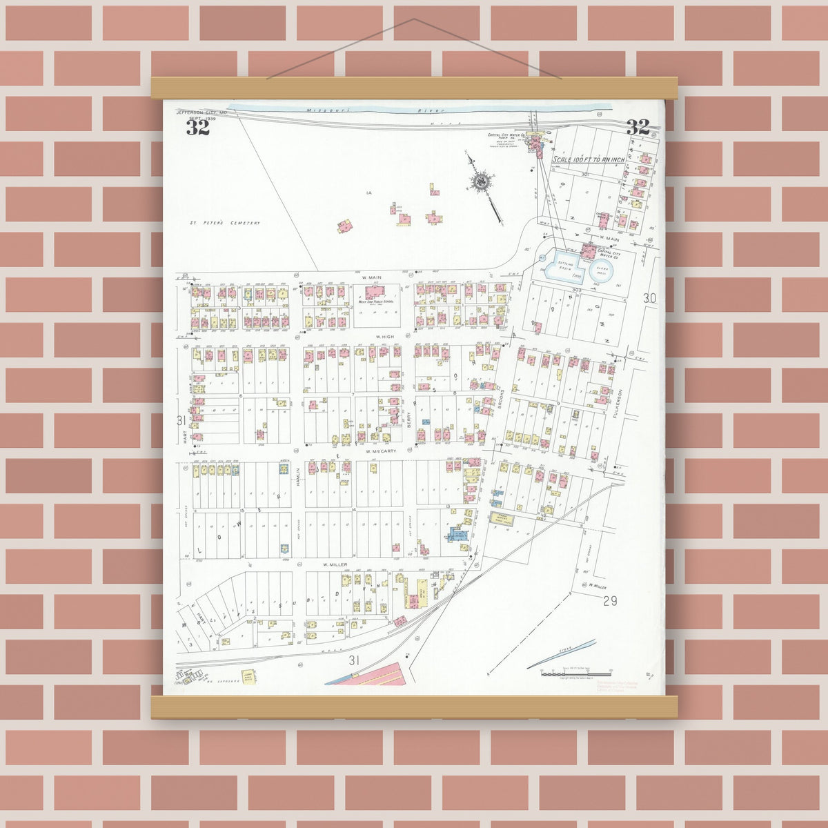 Old map wall art mockup — magnetic wood frame on brick wall — Sanborn Fire Insurance Map from Jefferson City, Cole County, Missouri (1939), Sheet #0032