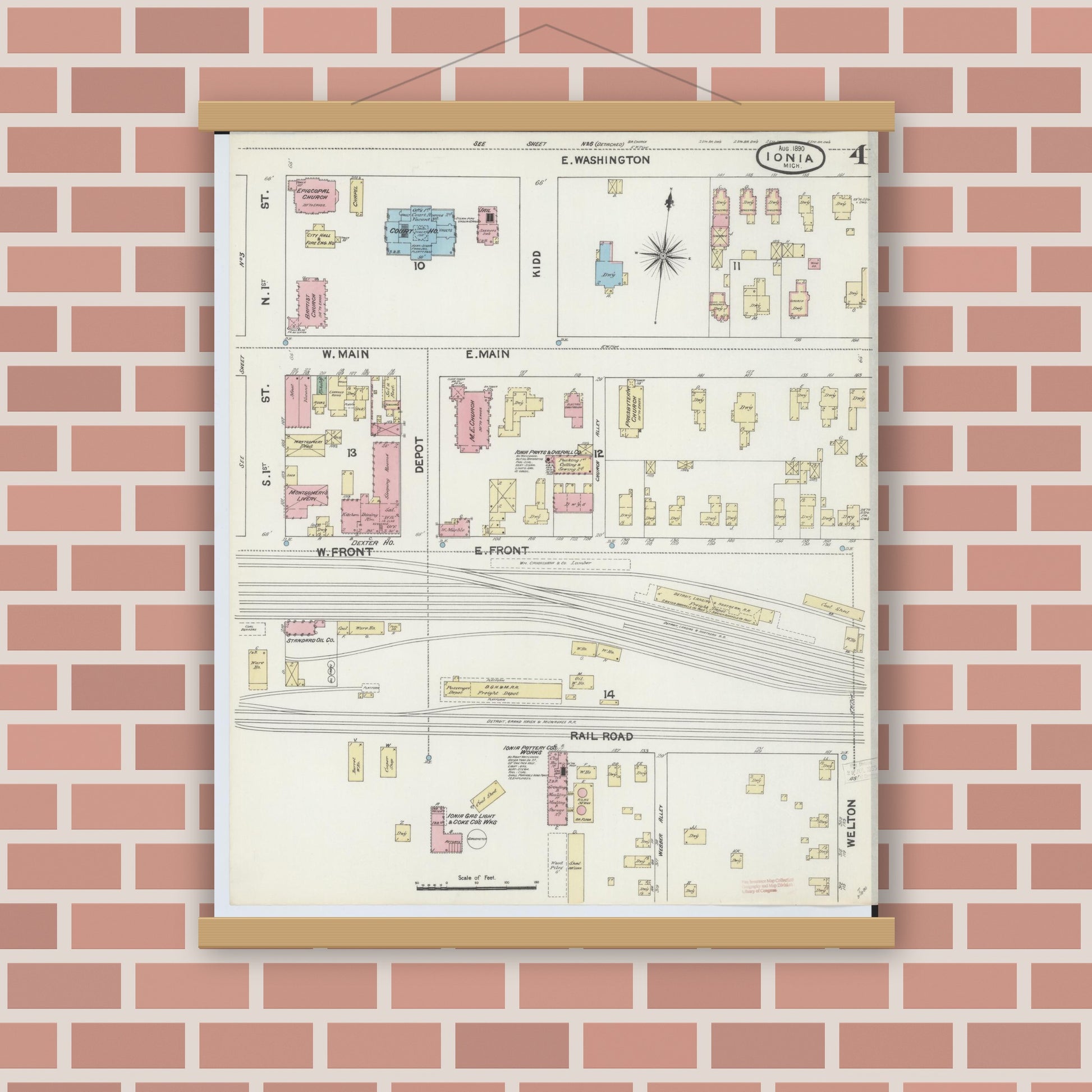 Old map wall art mockup — magnetic wood frame on brick wall — Sanborn Fire Insurance Map from Ionia, Ionia County, Michigan (1890), Sheet #0004