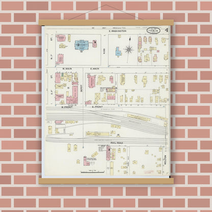 Old map wall art mockup — magnetic wood frame on brick wall — Sanborn Fire Insurance Map from Ionia, Ionia County, Michigan (1890), Sheet #0004