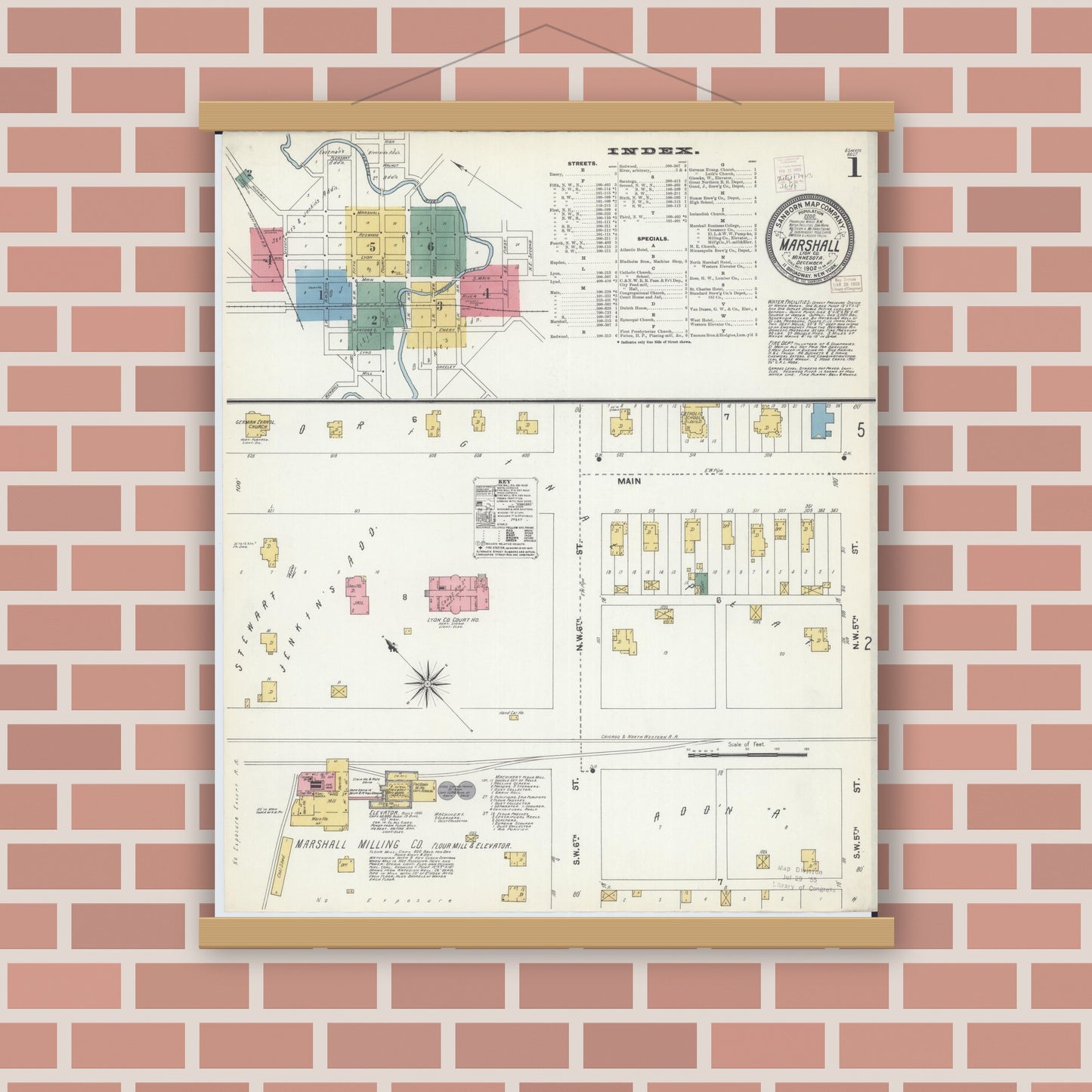 Old map wall art mockup — magnetic wood frame on brick wall — Sanborn Fire Insurance Map from Marshall, Lyon County, Minnesota (1902) - Complete Map Set