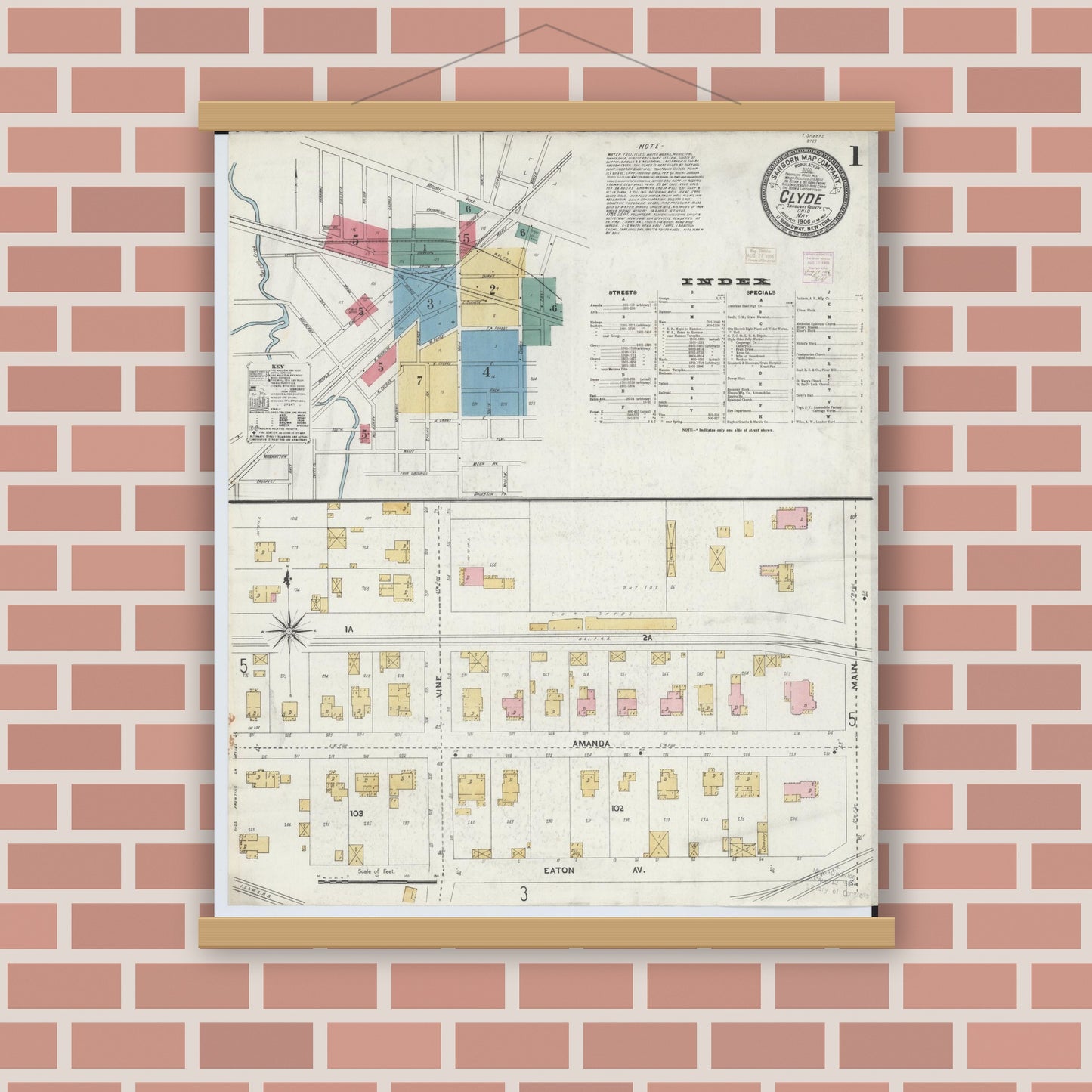 Old map wall art mockup — magnetic wood frame on brick wall — Sanborn Fire Insurance Map from Clyde, Sandusky County, Ohio (1906) - Complete Map Set
