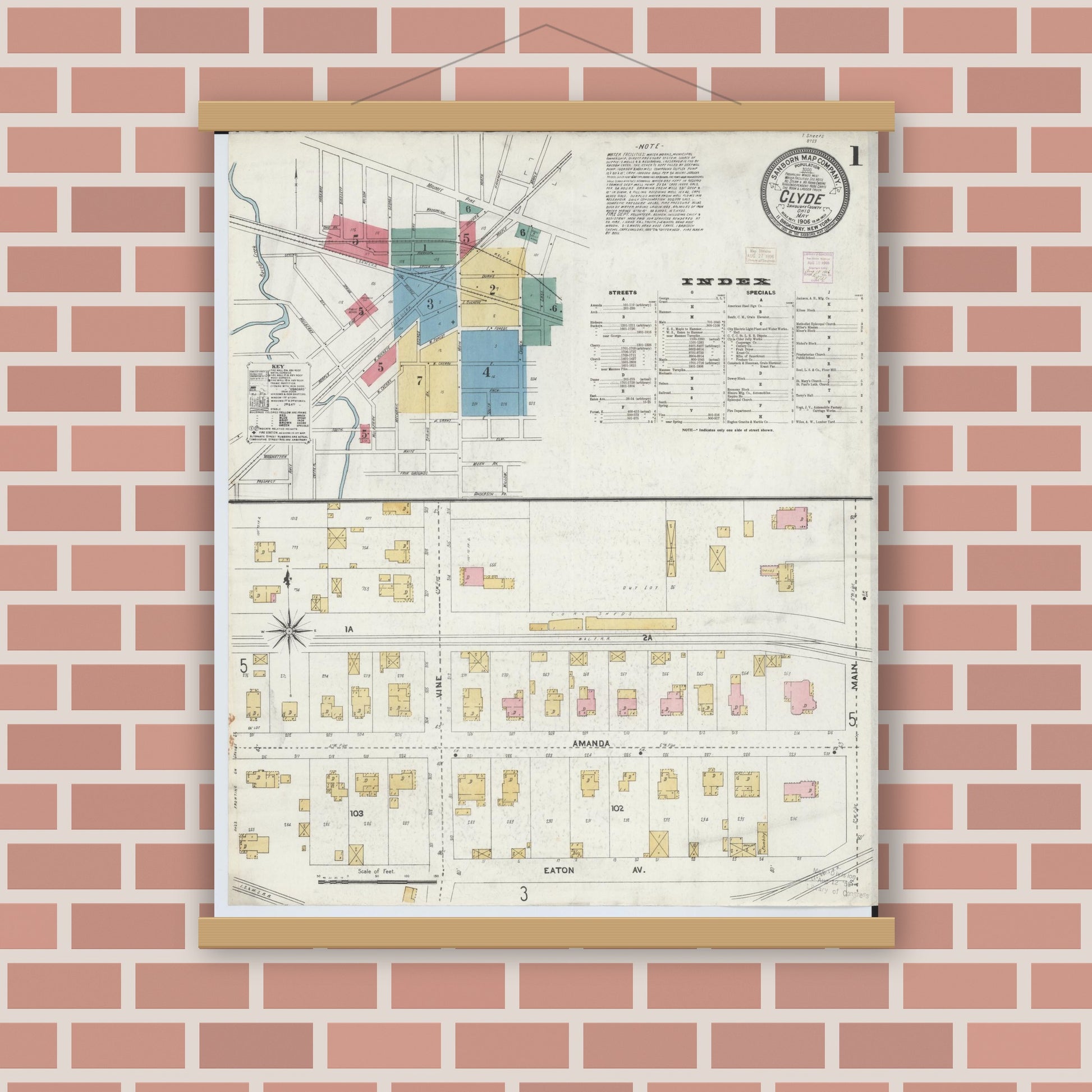 Old map wall art mockup — magnetic wood frame on brick wall — Sanborn Fire Insurance Map from Clyde, Sandusky County, Ohio (1906) - Complete Map Set