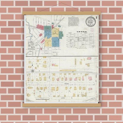 Old map wall art mockup — magnetic wood frame on brick wall — Sanborn Fire Insurance Map from Clyde, Sandusky County, Ohio (1906) - Complete Map Set