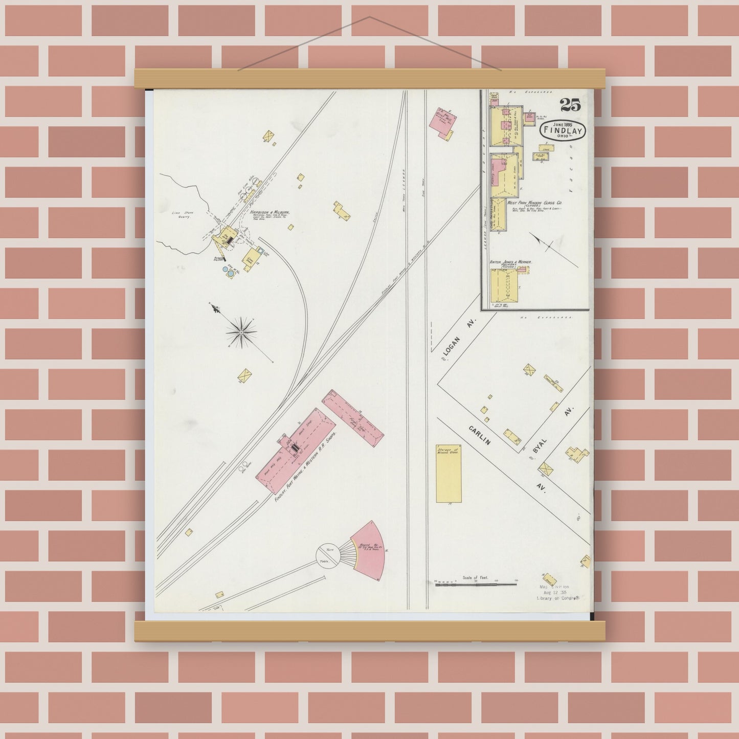 Old map wall art mockup — magnetic wood frame on brick wall — Sanborn Fire Insurance Map from Findlay, Hancock County, Ohio (1895), Sheet #0025