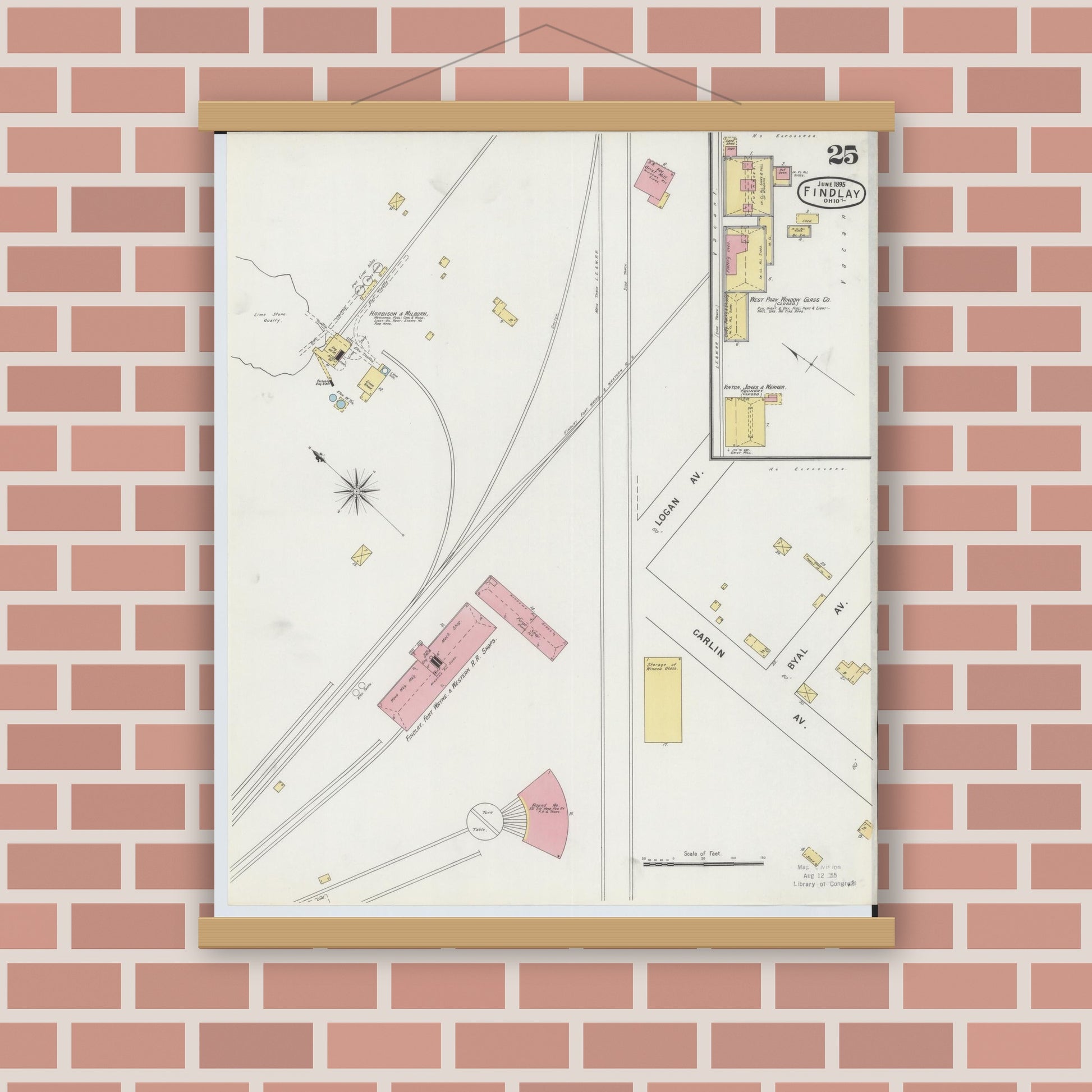 Old map wall art mockup — magnetic wood frame on brick wall — Sanborn Fire Insurance Map from Findlay, Hancock County, Ohio (1895), Sheet #0025