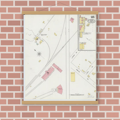 Old map wall art mockup — magnetic wood frame on brick wall — Sanborn Fire Insurance Map from Findlay, Hancock County, Ohio (1895), Sheet #0025