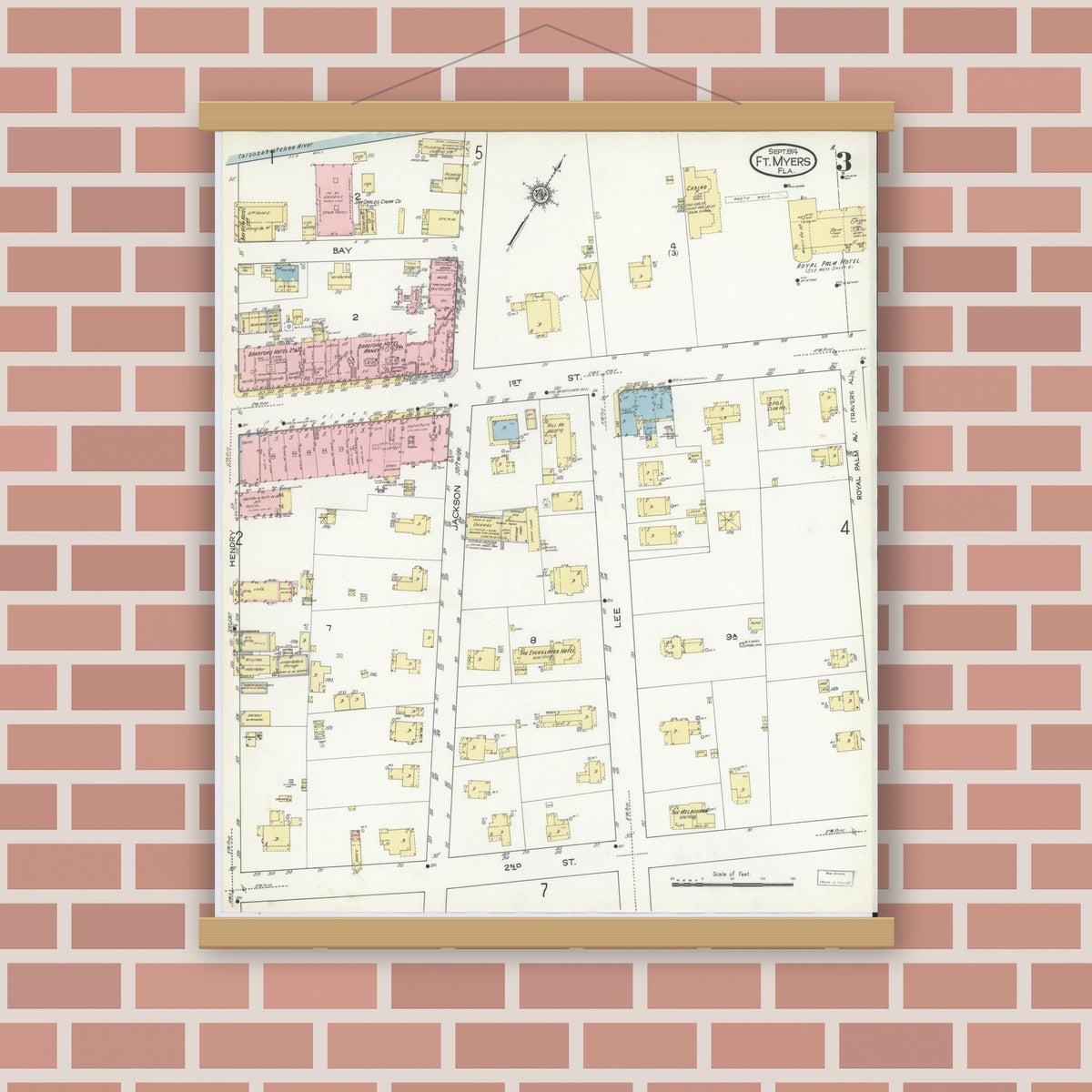 Old map wall art mockup — magnetic wood frame on brick wall — Sanborn Fire Insurance Map from Fort Myers, Lee County, Florida (1914), Sheet #0003