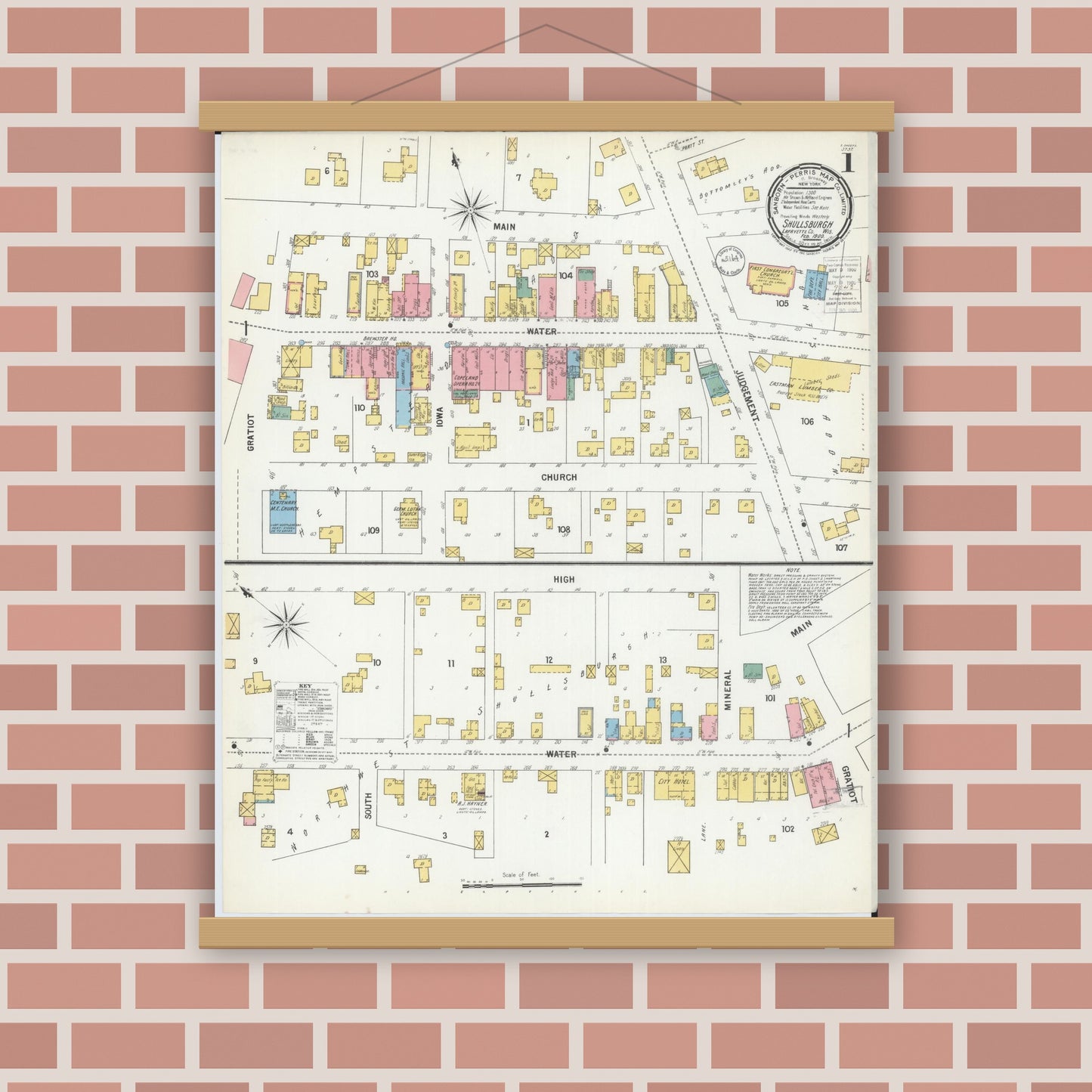 Old map wall art mockup — magnetic wood frame on brick wall — Sanborn Fire Insurance Map from Shullsburg, Lafayette County, Wisconsin (1900), Sheet #0001