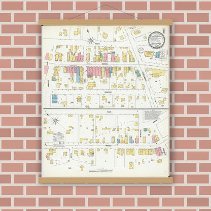Old map wall art mockup — magnetic wood frame on brick wall — Sanborn Fire Insurance Map from Shullsburg, Lafayette County, Wisconsin (1900), Sheet #0001