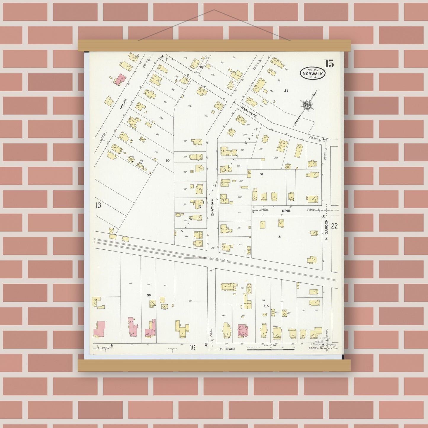 Old map wall art mockup — magnetic wood frame on brick wall — Sanborn Fire Insurance Map from Norwalk, Huron County, Ohio (1911), Sheet #0015