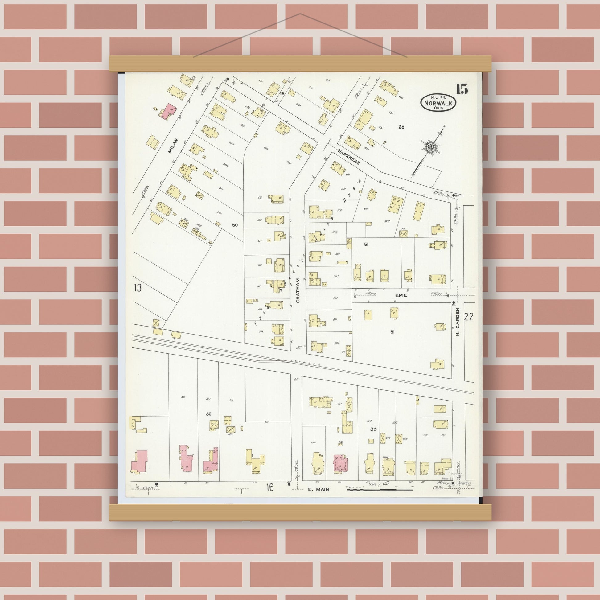 Old map wall art mockup — magnetic wood frame on brick wall — Sanborn Fire Insurance Map from Norwalk, Huron County, Ohio (1911), Sheet #0015