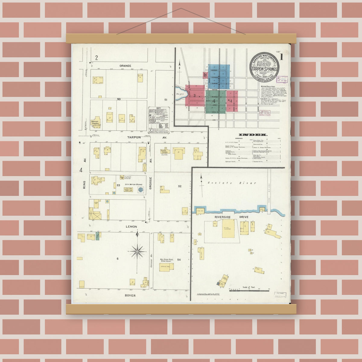 Old map wall art mockup — magnetic wood frame on brick wall — Sanborn Fire Insurance Map from Tarpon Springs, Pinellas County, Florida (1909) - Complete Map Set