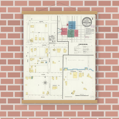 Old map wall art mockup — magnetic wood frame on brick wall — Sanborn Fire Insurance Map from Tarpon Springs, Pinellas County, Florida (1909) - Complete Map Set