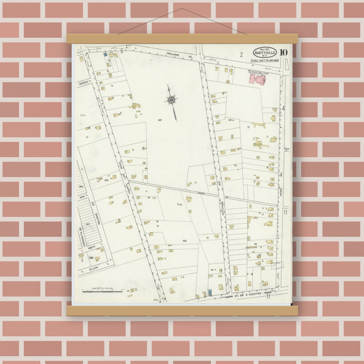 Old map wall art mockup — magnetic wood frame on brick wall — Sanborn Fire Insurance Map from Amityville, Suffolk County, New York (1915), Sheet #0010