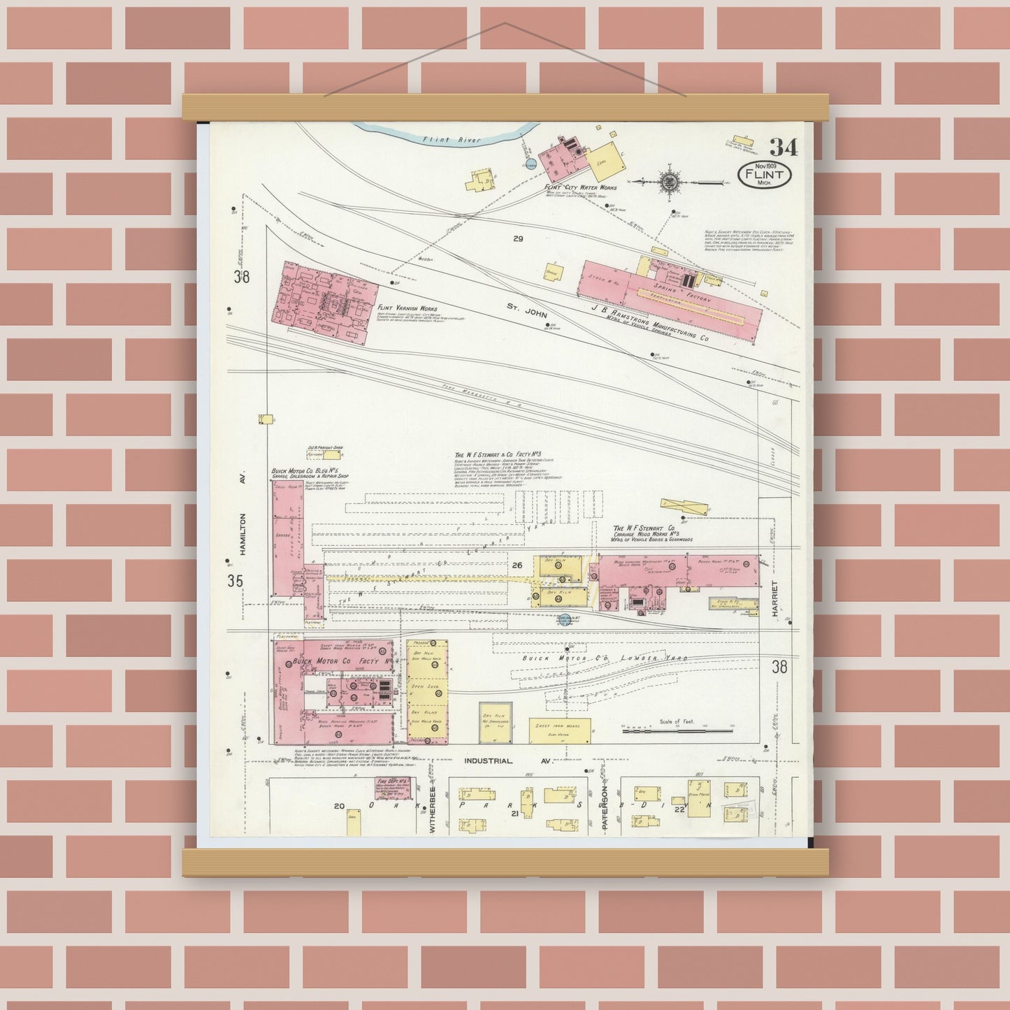 Old map wall art mockup — magnetic wood frame on brick wall — Sanborn Fire Insurance Map from Flint, Genesee County, Michigan (1909), Sheet #0034
