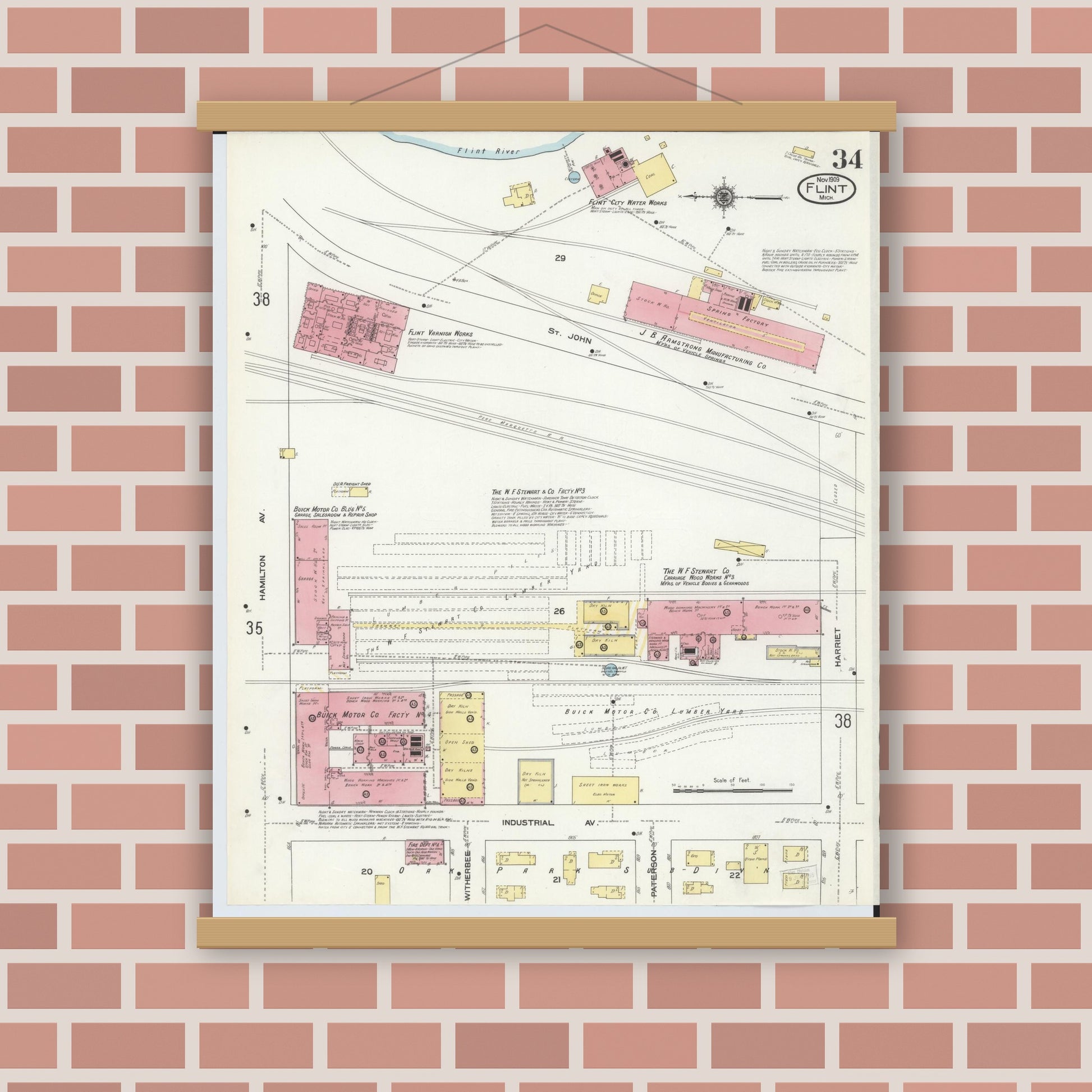 Old map wall art mockup — magnetic wood frame on brick wall — Sanborn Fire Insurance Map from Flint, Genesee County, Michigan (1909), Sheet #0034