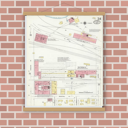 Old map wall art mockup — magnetic wood frame on brick wall — Sanborn Fire Insurance Map from Flint, Genesee County, Michigan (1909), Sheet #0034