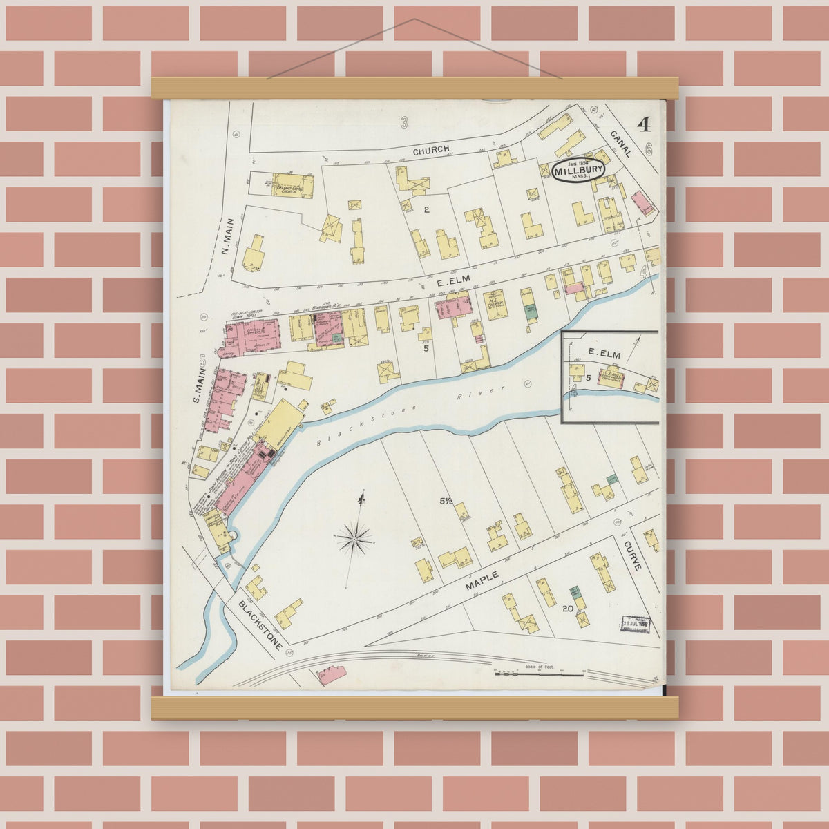 Old map wall art mockup — magnetic wood frame on brick wall — Sanborn Fire Insurance Map from Millbury, Worcester County, Massachusetts (1894), Sheet #0004