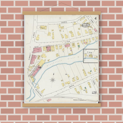 Old map wall art mockup — magnetic wood frame on brick wall — Sanborn Fire Insurance Map from Millbury, Worcester County, Massachusetts (1894), Sheet #0004