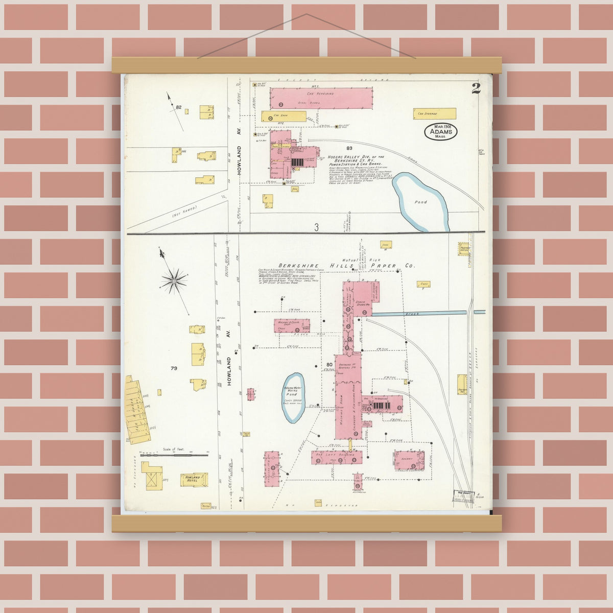 Old map wall art mockup — magnetic wood frame on brick wall — Sanborn Fire Insurance Map from Adams, Berkshire County, Massachusetts (1908), Sheet #0002