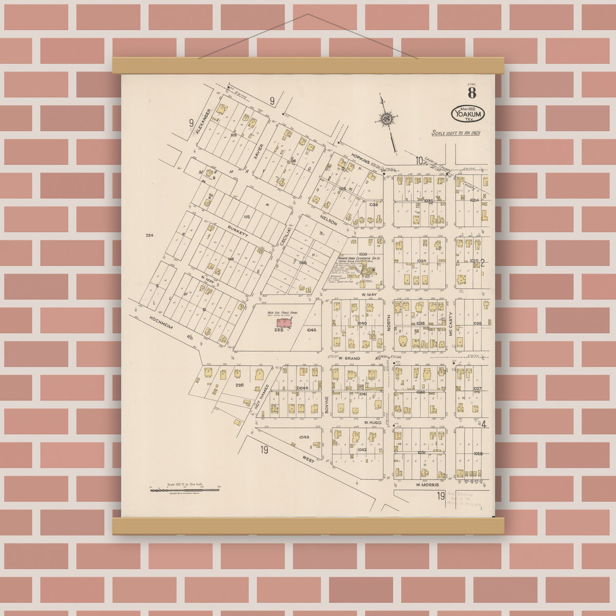 Old map wall art mockup — magnetic wood frame on brick wall — Sanborn Fire Insurance Map from Yoakum, De Witt And Lavaca Counties, Texas (1922), Sheet #0008