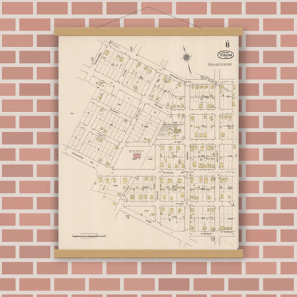 Old map wall art mockup — magnetic wood frame on brick wall — Sanborn Fire Insurance Map from Yoakum, De Witt And Lavaca Counties, Texas (1922), Sheet #0008
