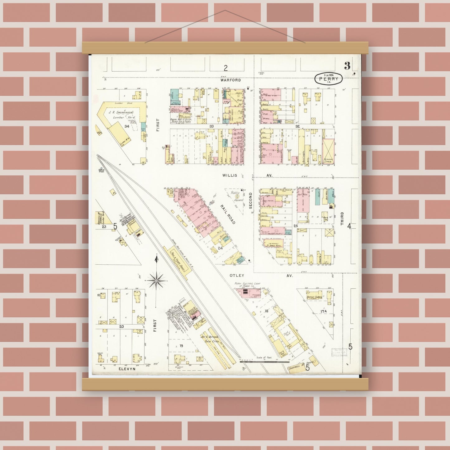 Old map wall art mockup — magnetic wood frame on brick wall — Sanborn Fire Insurance Map from Perry, Dallas County, Iowa (1896), Sheet #0003