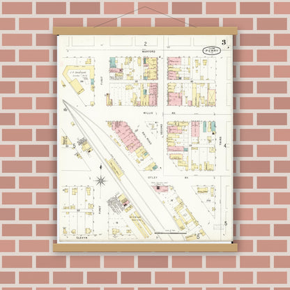 Old map wall art mockup — magnetic wood frame on brick wall — Sanborn Fire Insurance Map from Perry, Dallas County, Iowa (1896), Sheet #0003