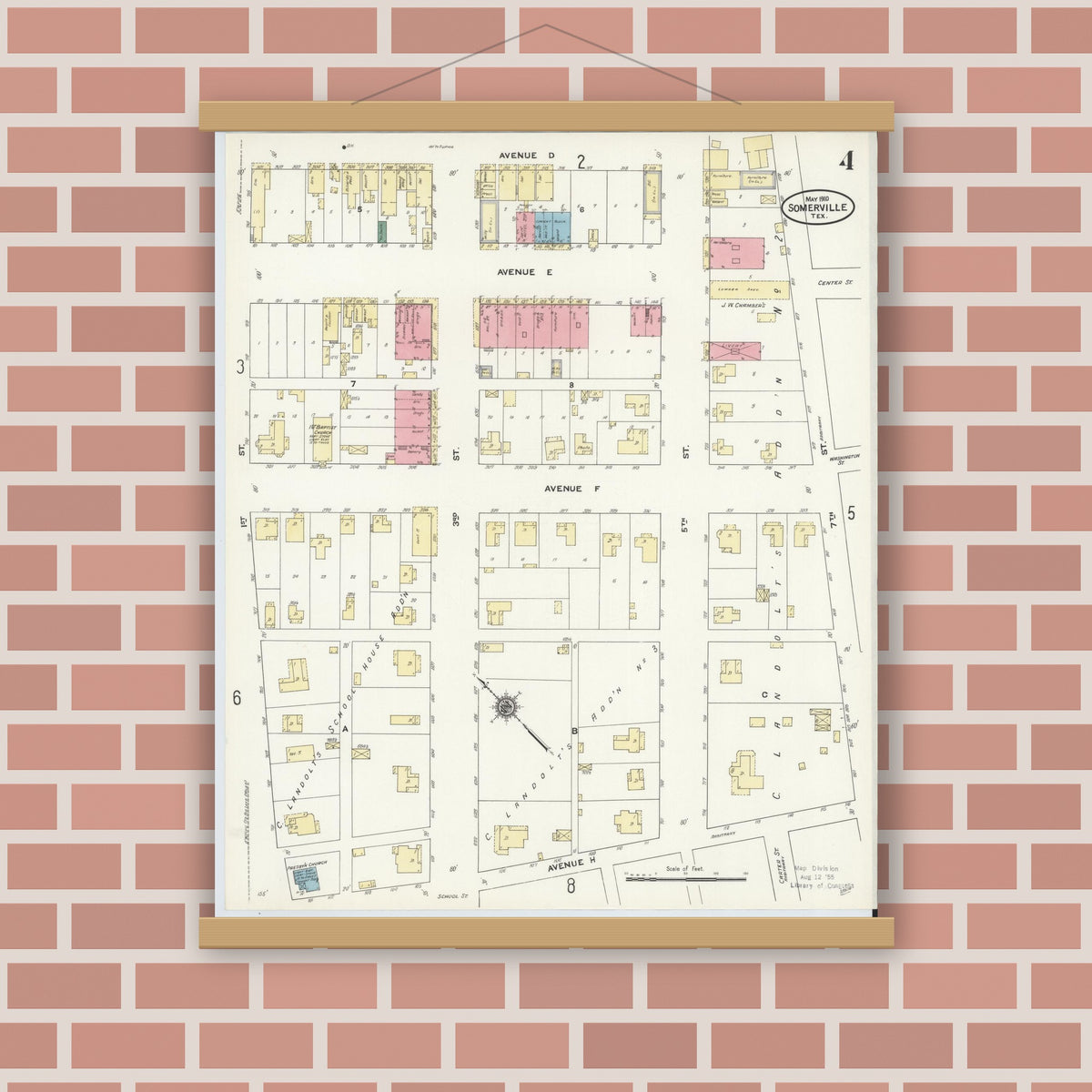 Old map wall art mockup — magnetic wood frame on brick wall — Sanborn Fire Insurance Map from Somerville, Burleson County, Texas (1910), Sheet #0004