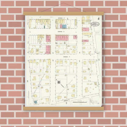Old map wall art mockup — magnetic wood frame on brick wall — Sanborn Fire Insurance Map from Somerville, Burleson County, Texas (1910), Sheet #0004