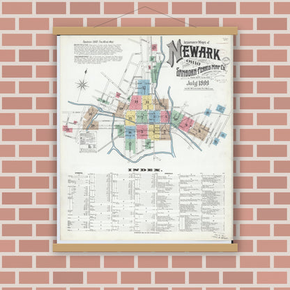 Old map wall art mockup — magnetic wood frame on brick wall — Sanborn Fire Insurance Map from Newark, Licking County, Ohio (1899), Sheet #0001