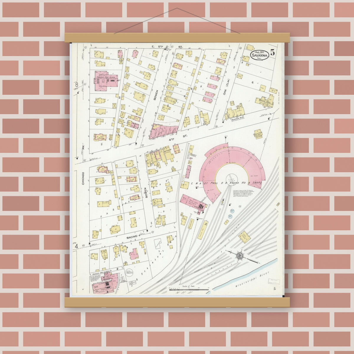 Old map wall art mockup — magnetic wood frame on brick wall — Sanborn Fire Insurance Map from Savanna, Carroll County, Illinois (1912), Sheet #0005