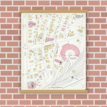Old map wall art mockup — magnetic wood frame on brick wall — Sanborn Fire Insurance Map from Savanna, Carroll County, Illinois (1912), Sheet #0005