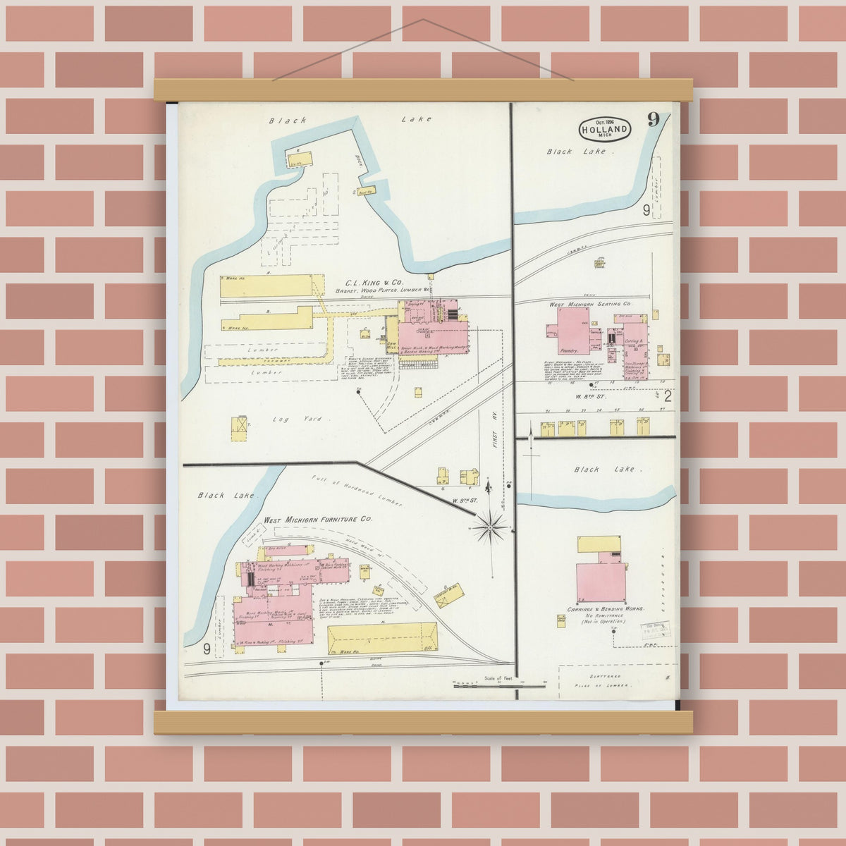 Old map wall art mockup — magnetic wood frame on brick wall — Sanborn Fire Insurance Map from Holland, Ottawa County, Michigan (1896), Sheet #0009