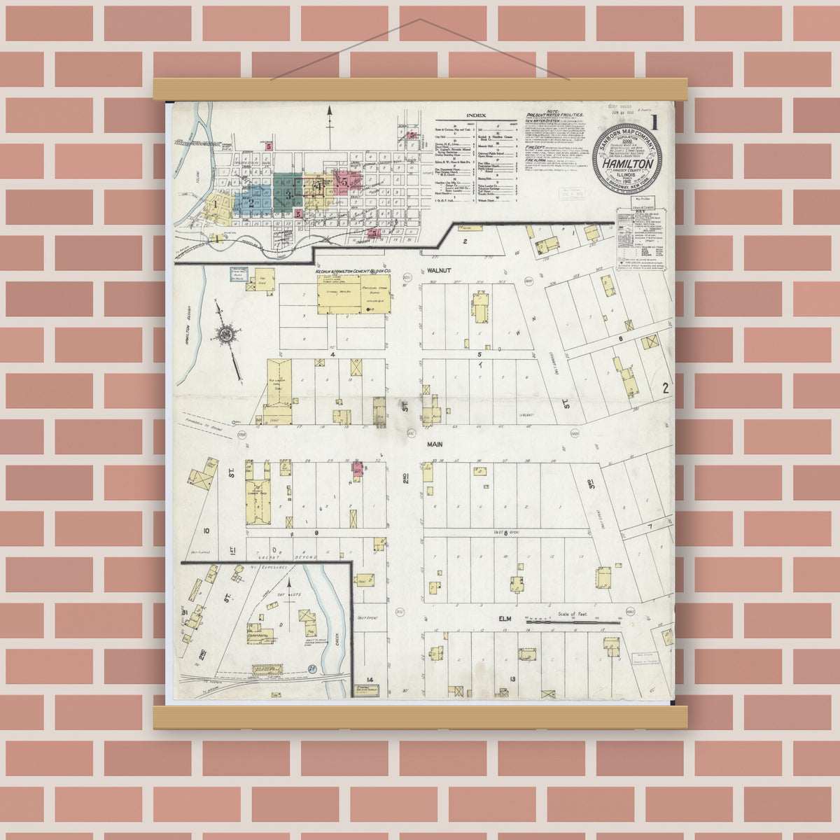 Old map wall art mockup — magnetic wood frame on brick wall — Sanborn Fire Insurance Map from Hamilton, Hancock County, Illinois (1912) - Complete Map Set