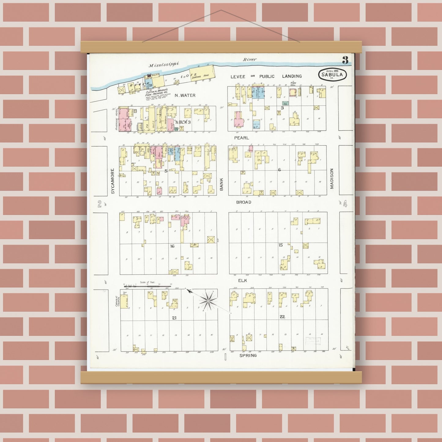 Old map wall art mockup — magnetic wood frame on brick wall — Sanborn Fire Insurance Map from Sabula, Jackson County, Iowa (1893), Sheet #0003