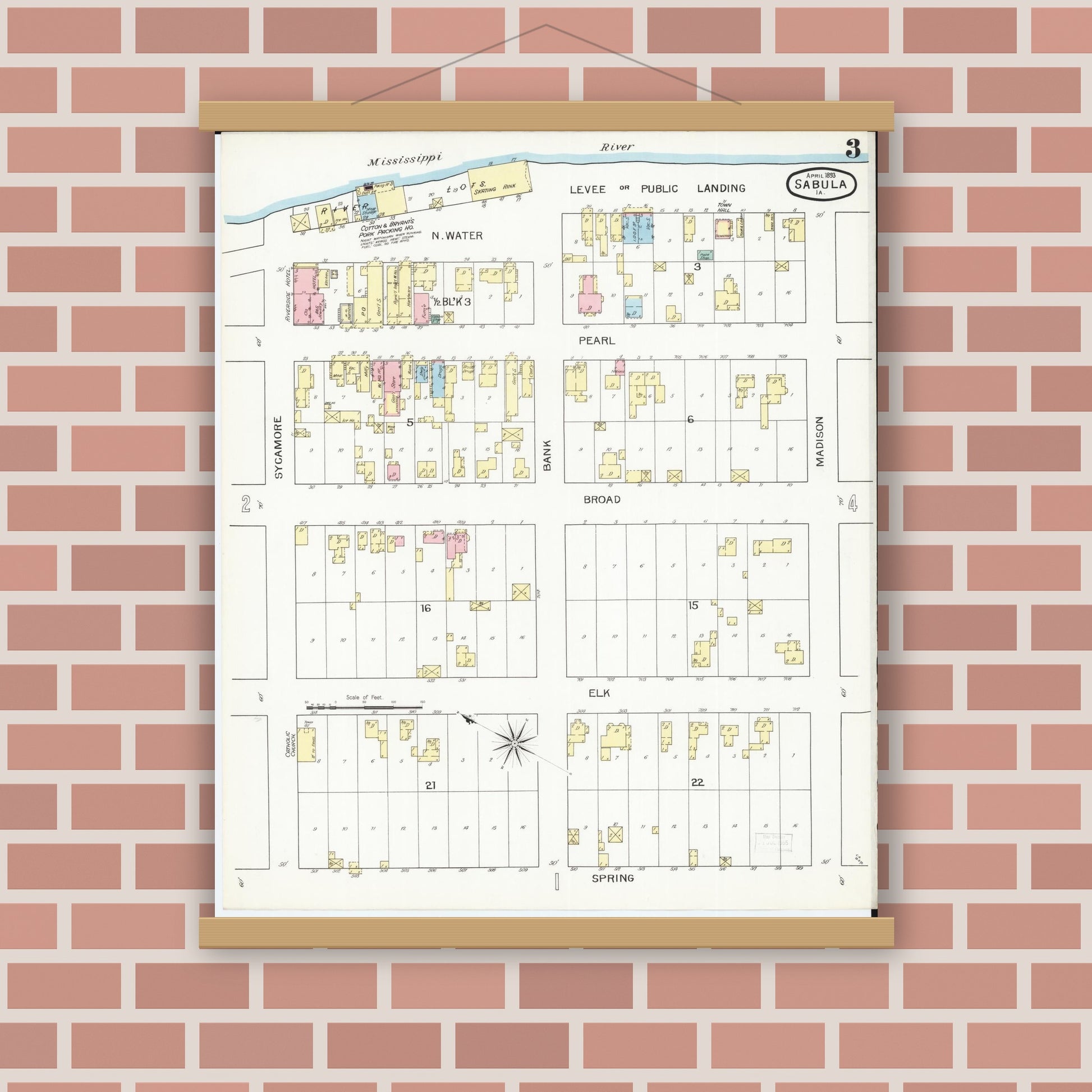 Old map wall art mockup — magnetic wood frame on brick wall — Sanborn Fire Insurance Map from Sabula, Jackson County, Iowa (1893), Sheet #0003