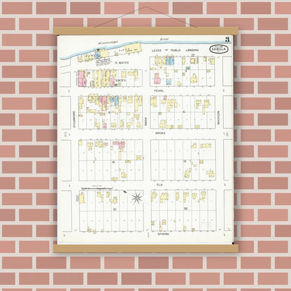 Old map wall art mockup — magnetic wood frame on brick wall — Sanborn Fire Insurance Map from Sabula, Jackson County, Iowa (1893), Sheet #0003
