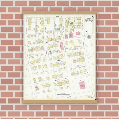 Old map wall art mockup — magnetic wood frame on brick wall — Sanborn Fire Insurance Map from Scottdale, Westmoreland County, Pennsylvania (1908), Sheet #0005