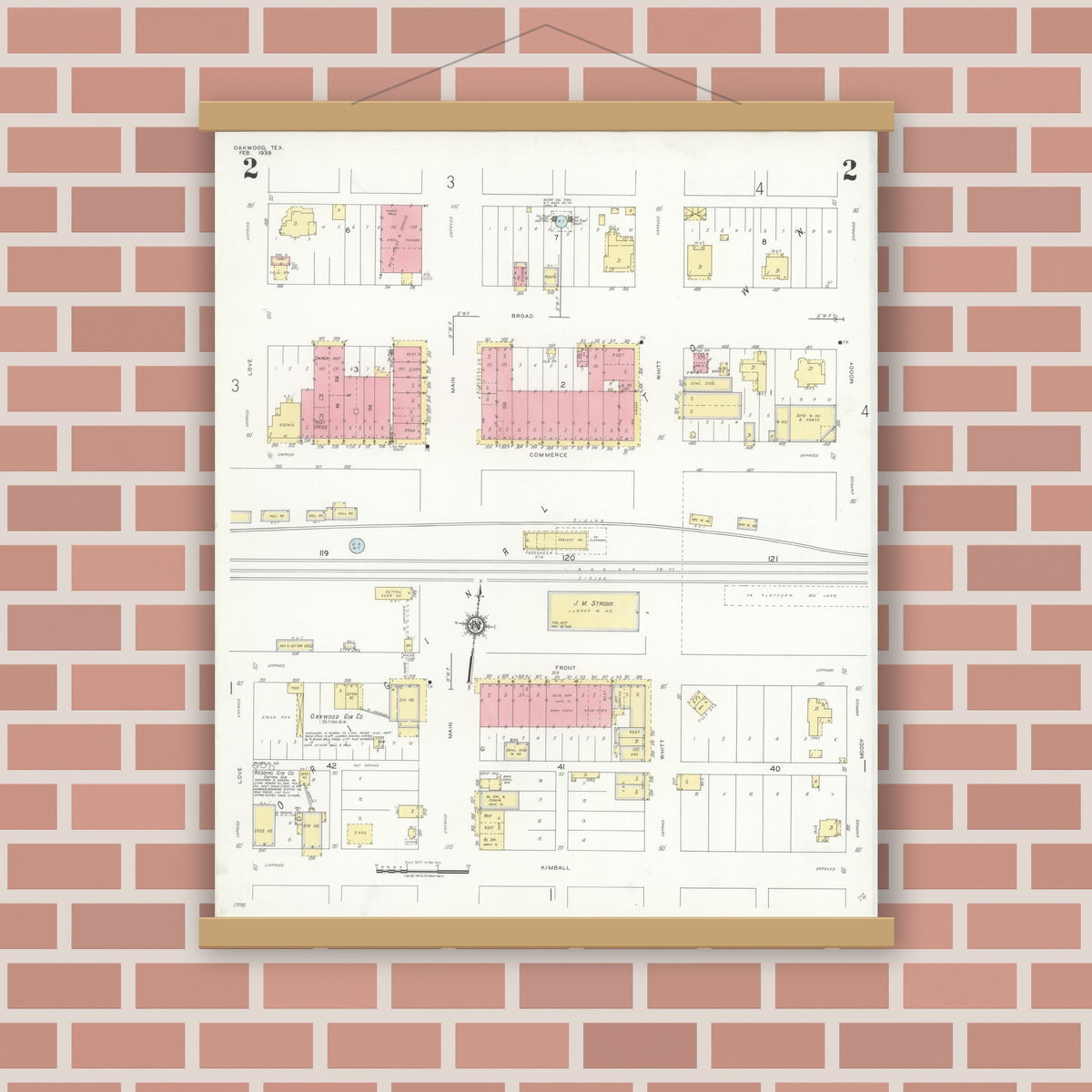 Old map wall art mockup — magnetic wood frame on brick wall — Sanborn Fire Insurance Map from Oakwood, Leon County, Texas (1939), Sheet #0002