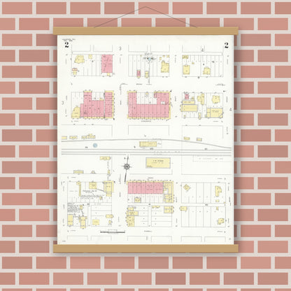 Old map wall art mockup — magnetic wood frame on brick wall — Sanborn Fire Insurance Map from Oakwood, Leon County, Texas (1939), Sheet #0002