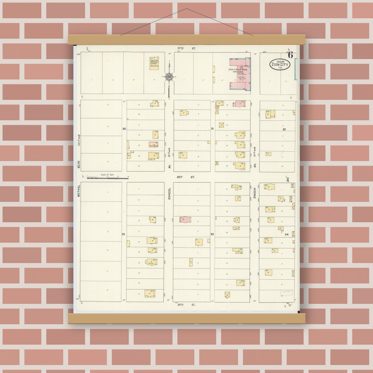 Old map wall art mockup — magnetic wood frame on brick wall — Sanborn Fire Insurance Map from Zion, Lake County, Illinois (1911), Sheet #0006