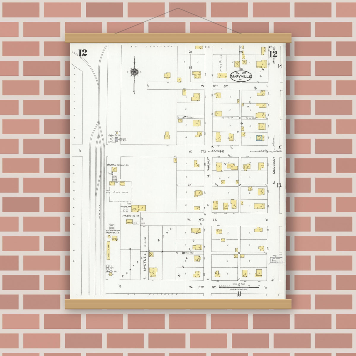 Old map wall art mockup — magnetic wood frame on brick wall — Sanborn Fire Insurance Map from Maryville, Nodaway County, Missouri (1925), Sheet #0012