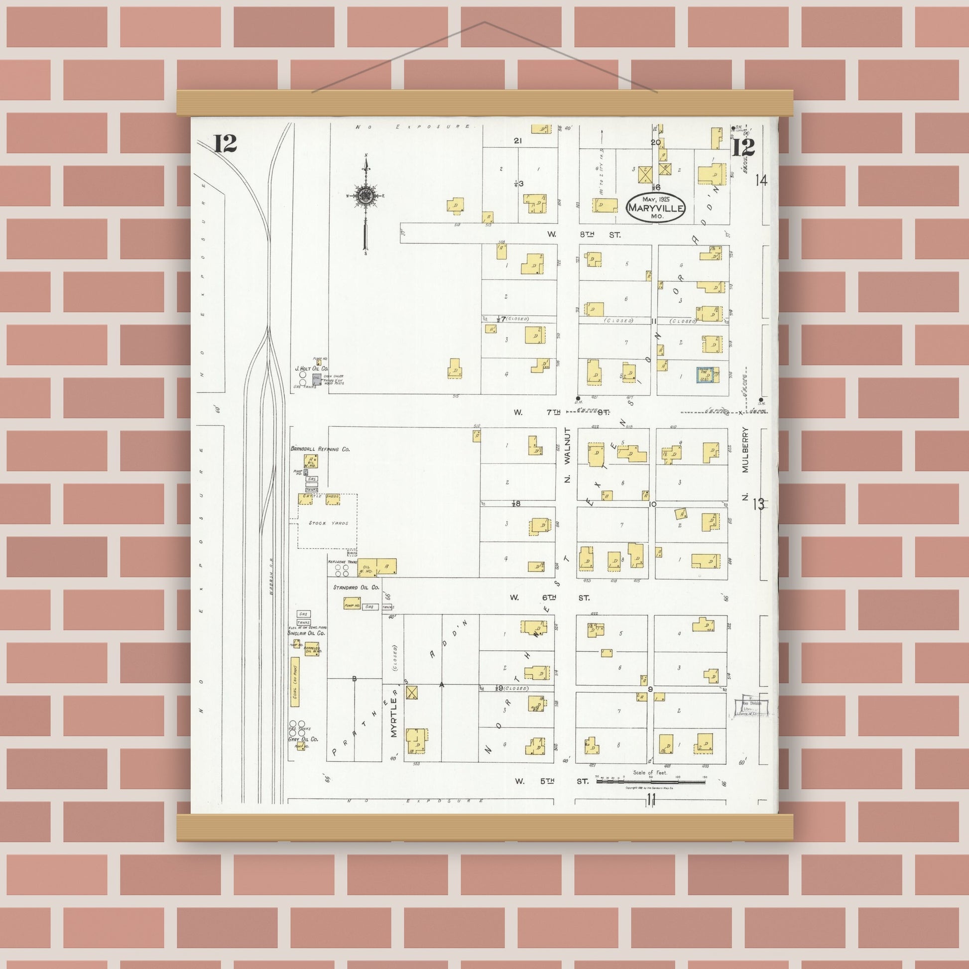 Old map wall art mockup — magnetic wood frame on brick wall — Sanborn Fire Insurance Map from Maryville, Nodaway County, Missouri (1925), Sheet #0012