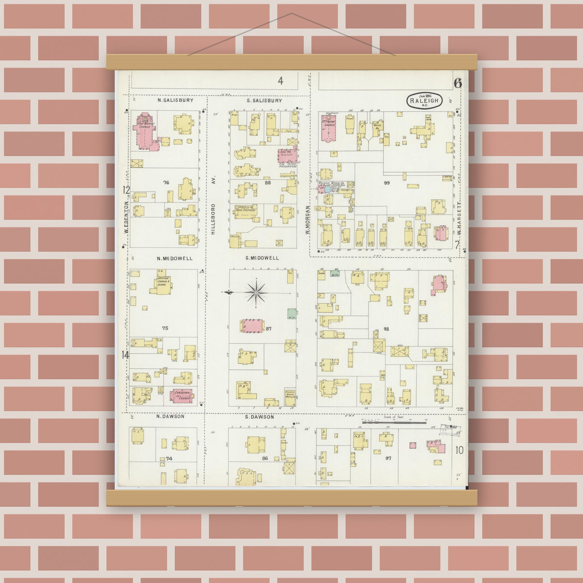 Old map wall art mockup — magnetic wood frame on brick wall — Sanborn Fire Insurance Map from Raleigh, Wake County, North Carolina (1896), Sheet #0006