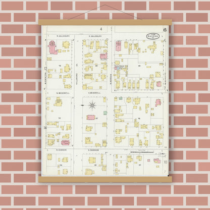 Old map wall art mockup — magnetic wood frame on brick wall — Sanborn Fire Insurance Map from Raleigh, Wake County, North Carolina (1896), Sheet #0006