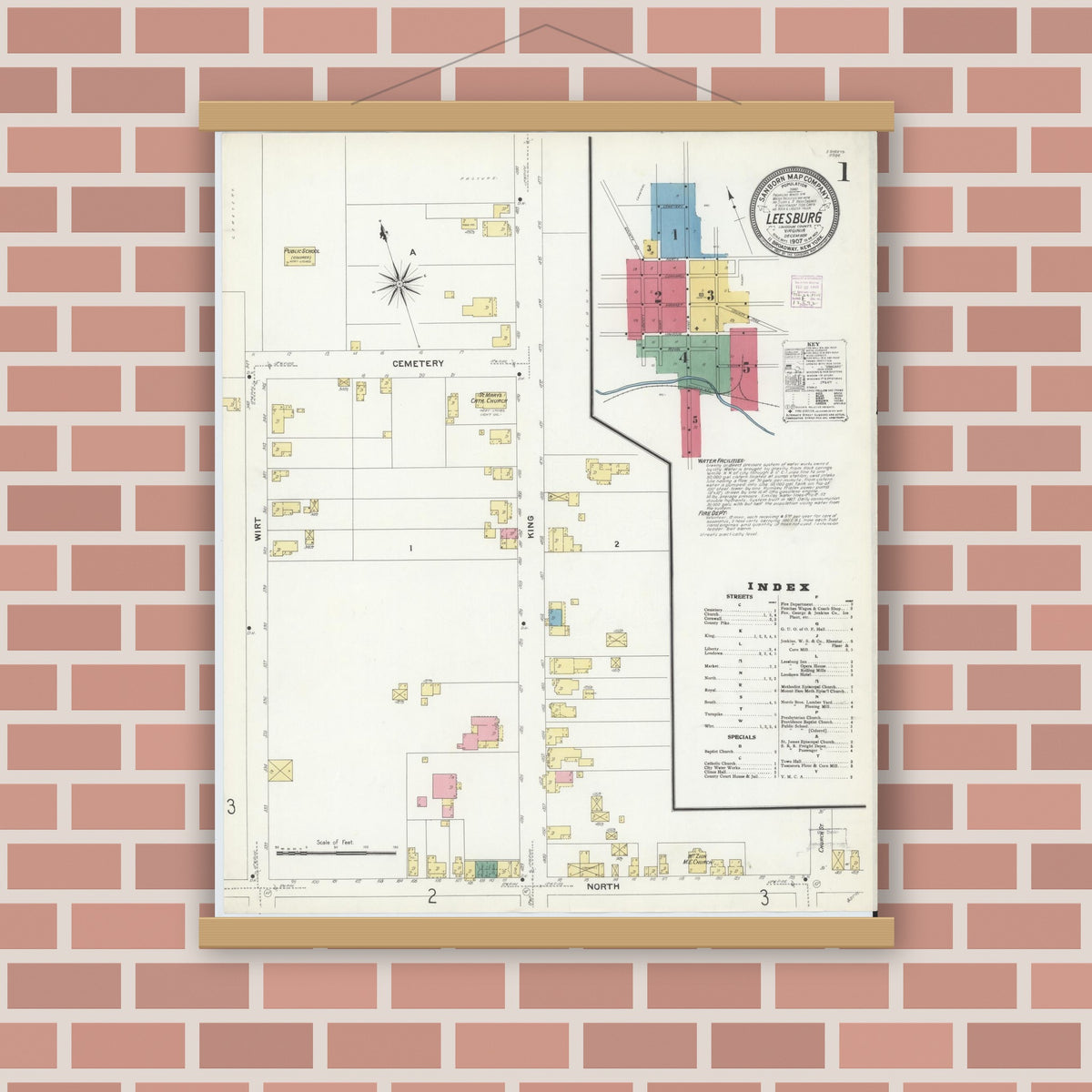 Old map wall art mockup — magnetic wood frame on brick wall — Sanborn Fire Insurance Map from Leesburg, Loudoun County, Virginia (1907) - Complete Map Set