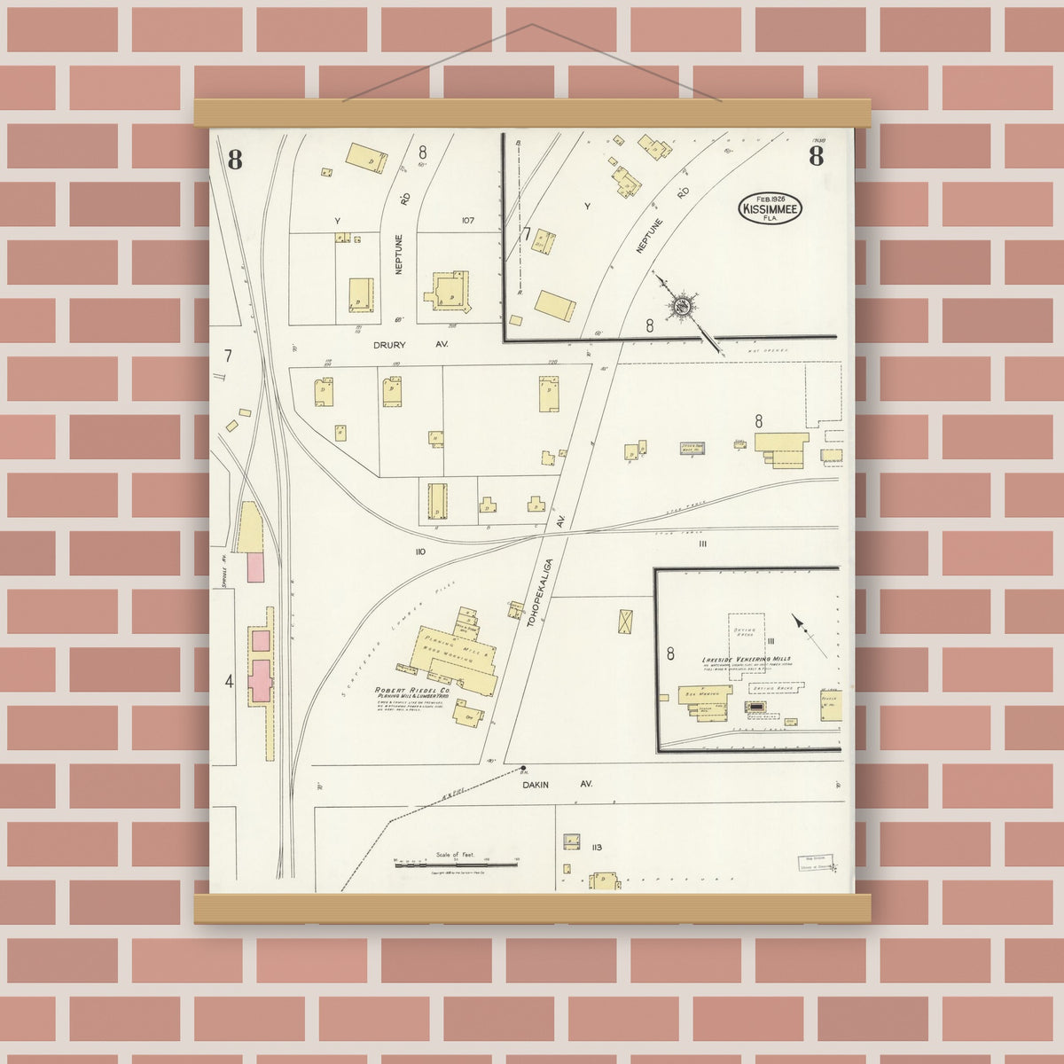 Old map wall art mockup — magnetic wood frame on brick wall — Sanborn Fire Insurance Map from Kissimmee, Osceola County, Florida (1926), Sheet #0008